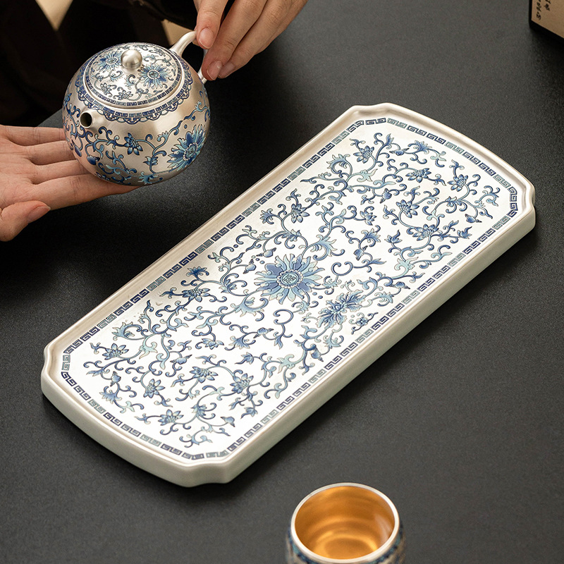 Đĩa pha khô Fuyun Nian Lian mạ bạc, bàn trà nhỏ, khay trà, bộ trà cao cấp, khay trà, bình gốm, khay trà, khay pha khô
