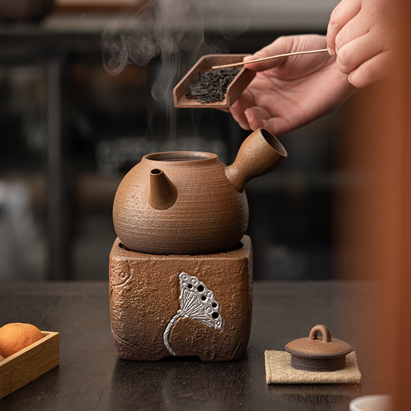 Ấm gốm thô, bếp than, bộ đồ nấu trà, cắm trại ngoài trời, bếp nấu trà, tay cầm bên, bếp than, bếp cồn