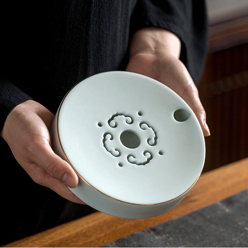 Khay ủ khô Khay bàn ủ trà đế Nắp ấm trà hình tròn phong cách Trung Quốc sơn vàng sứ trắng Thiền đơn giản