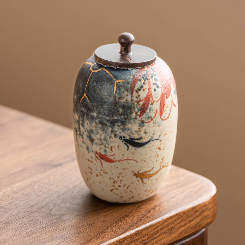 Chậu trà gốm sứ đỏ đá lửa trắng xanh, chậu trà koi vẽ tay hoa sen vẽ tay, chậu trà kín, cầm tay