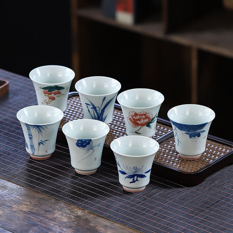 Cốc chủ nhân cỡ lớn vẽ tay cổ điển cốc trà Kung Fu cốc nước gốm sứ tráng men màu Trung Quốc cốc trà sứ trắng xanh cốc trà