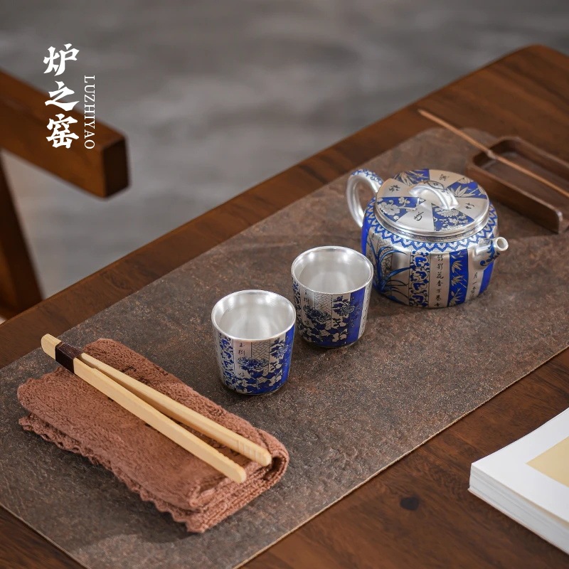 Bộ trà Kung Fu mạ bạc Song Yu, tách trà bạc cloisonné, một ấm hai cốc, bộ trà cao cấp quà tặng lễ hội, hộp quà