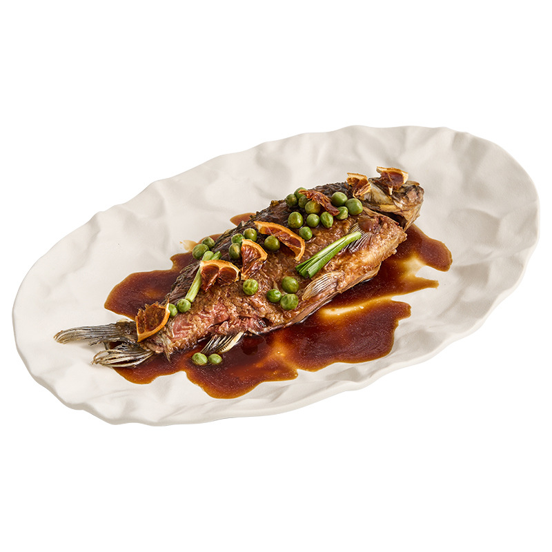 Đĩa cá hoa văn vải Đĩa cá hấp chịu nhiệt độ cao Đĩa món ăn gia dụng Bộ đồ ăn khách sạn Đĩa ăn kết cấu mờ cao cấp Đĩa hình bầu dục