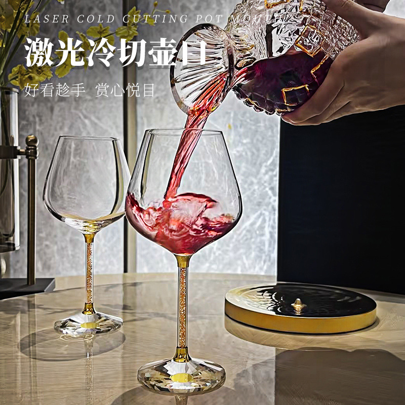 Bộ ly rượu vang đỏ burgundy cao cấp mạ vàng sang trọng, bình rót xoay, bộ ly rượu vang cao cấp dùng tại nhà