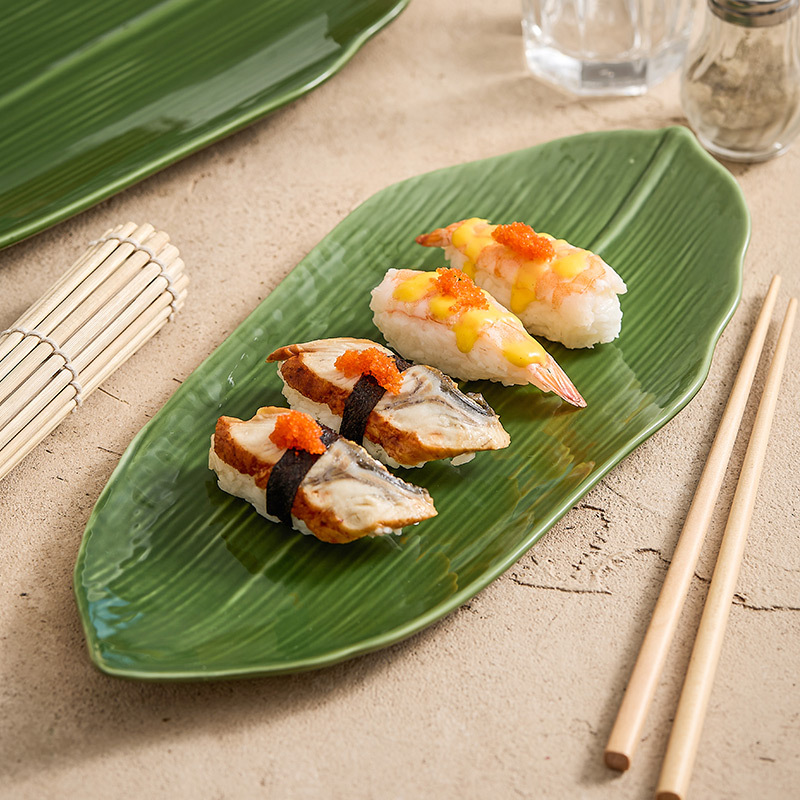 Đĩa Sushi gốm sứ Dehua, đĩa lá zông đặc trưng sáng tạo, đĩa Sashimi hình chữ nhật, đĩa bánh ngọt