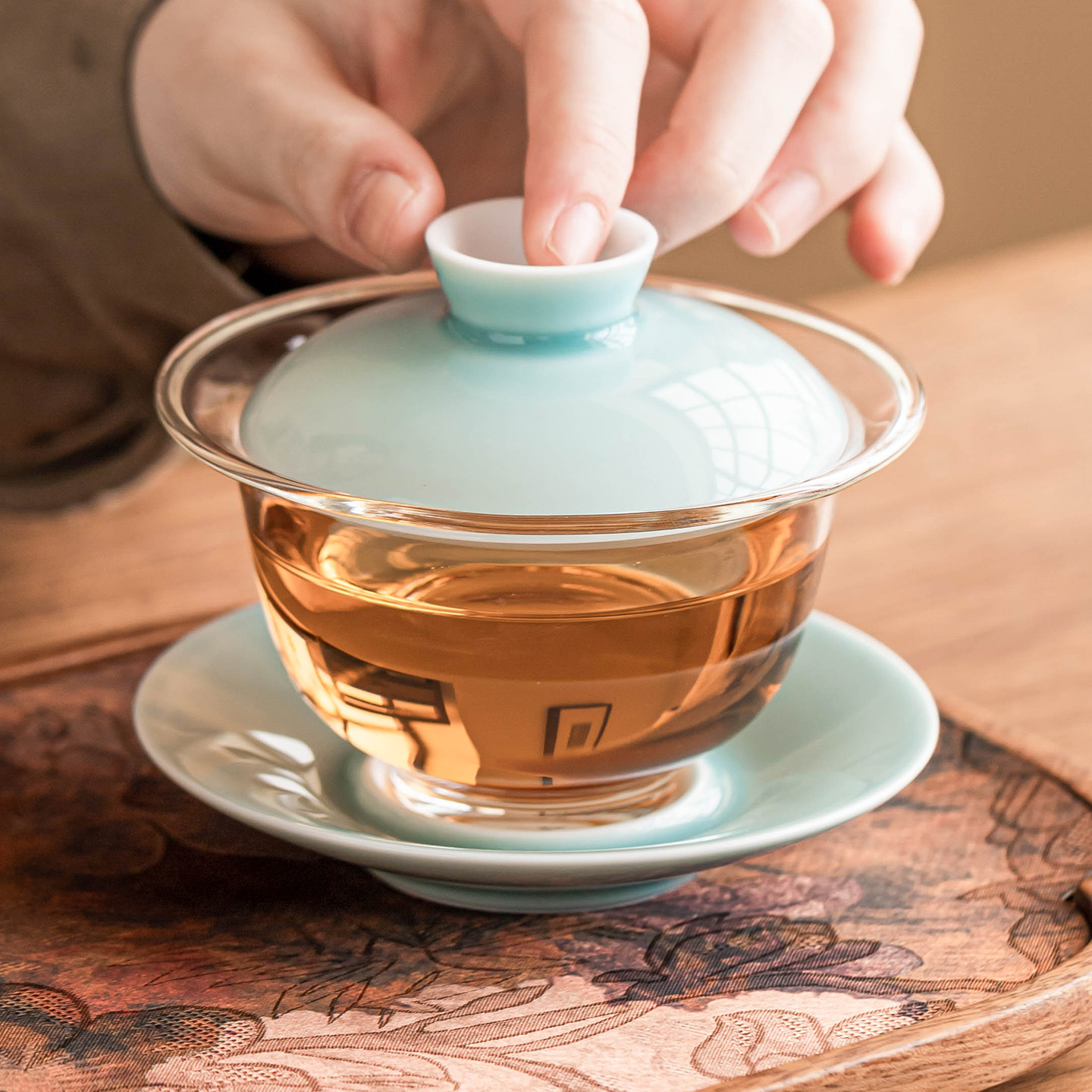 Bát nắp tam tài thủy tinh xanh trắng bát trà bát trà chịu nhiệt bộ trà gốm sứ gia dụng bát trà có nắp chống bỏng