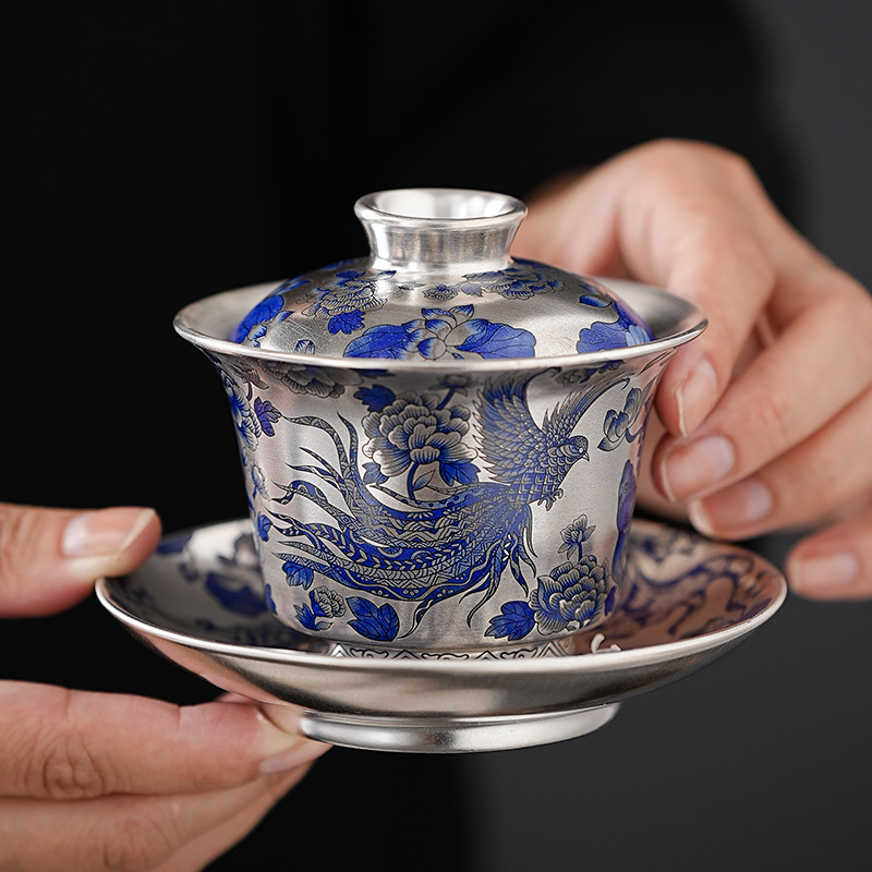 Bộ ấm chén trà Song Yu cao cấp, bộ đồ uống bạc dát vàng, chén trà, hộp quà Kung Fu Phượng Hoàng dành tặng lãnh đạo, người lớn tuổi, quà lưu niệm pha trà