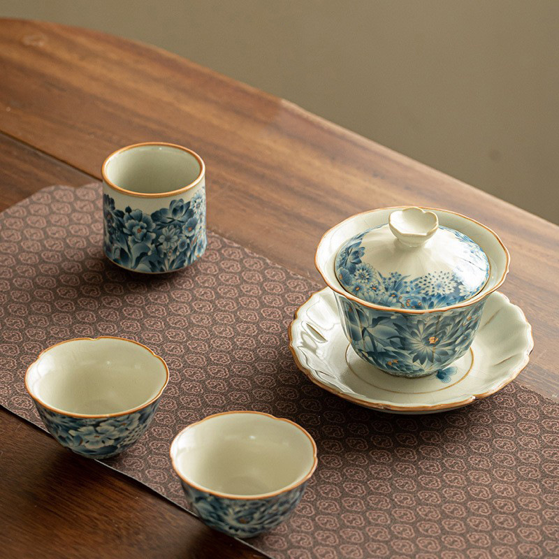 Bộ trà Đức Hoa Bộ trà gốm sứ Vạn Hoa trắng xanh thủ công bát trà bát trà chén trà khay trà chén trà bộ trà Kung Fu Trung Quốc