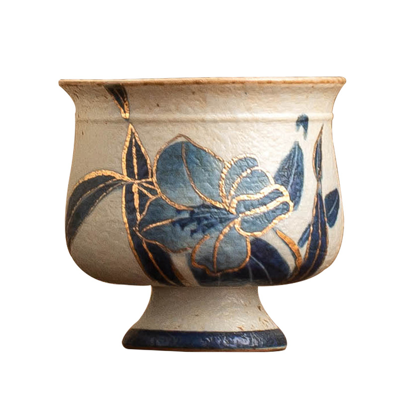 Cốc trà gốm sứ đỏ đá lửa trắng xanh, cốc cao tay hoa huệ vẽ tay bằng vàng, cốc chủ nhân, cốc trà sản phẩm kung fu gia dụng, cốc đơn