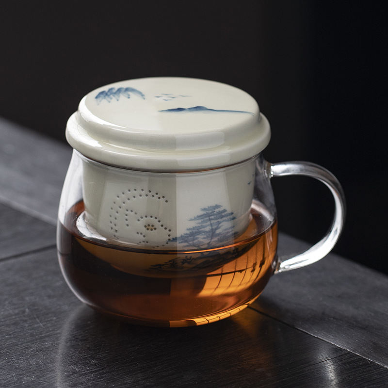 Ly trà thủy tinh cách nhiệt họa tiết phong cảnh vẽ tay, có nắp lọc, dùng trong gia đình và văn phòng
