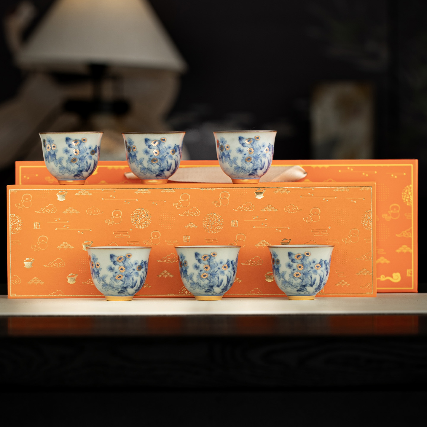 Bộ ấm chén trà Kung Fu sứ cao cấp Ru Kiln, quà tặng doanh nghiệp, hộp quà lưu niệm màu xanh trắng