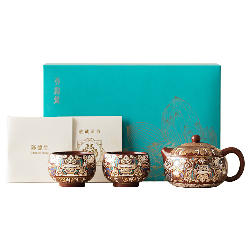 Bộ ấm trà màu tím cát sai màu vàng bạc Đôn Hoàng, ấm Xi Shi, bộ trà gia dụng một ấm hai chén, quà tặng khách hàng