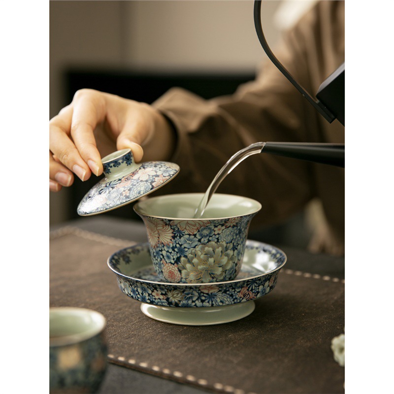 Bát trà cốc trà cốc tráng men màu xanh lam bát trà cao cấp có nắp Bộ trà Kung Fu cỡ lớn gia dụng