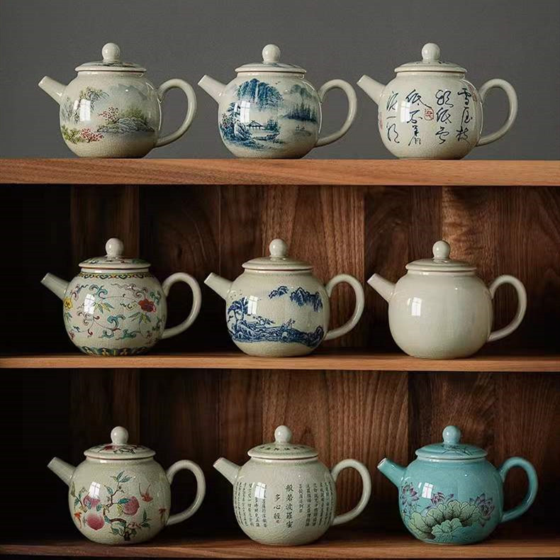 Ấm trà đất sét cổ điển để pha trà, bộ ấm chén trà Kung Fu gốm sứ gia dụng, ấm trà nhỏ thủ công men Ru Kiln lọc trà hoa đơn.