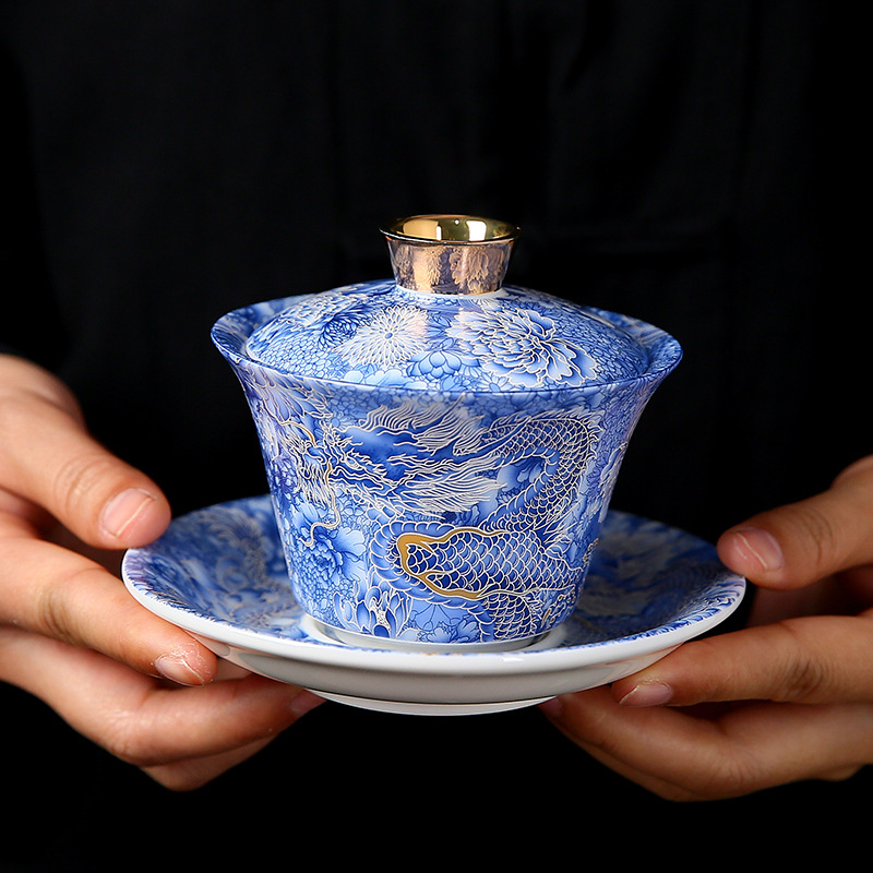 Bát có nắp treo Longteng Prosperity Bát trà Sancai Bộ trà Kung Fu Quà Tặng Bát trà gốm sứ cỡ lớn kiểu Trung Quốc