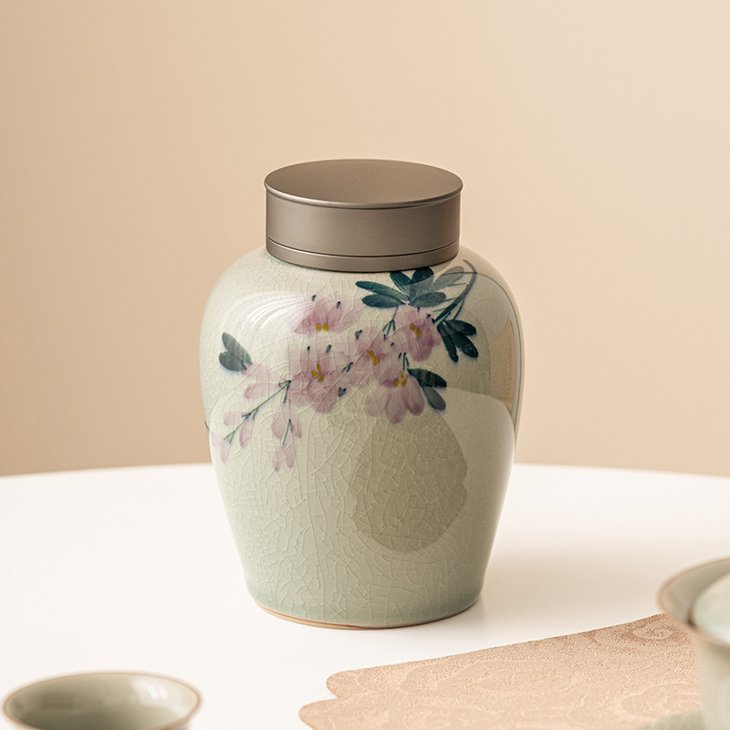 Bình trà vẽ tay tinh khiết tráng men Borneol, bình gốm sứ gia dụng, bình đựng trà hoa trà chống ẩm cầm tay mini