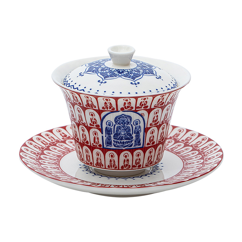 Đôn Hoàng Ngàn Phật sứ trắng có nắp, Bát pha trà gốm sứ gia dụng, Bát tam tài cỡ nhỏ, cốc trà kính, Bộ trà Kung Fu văn hóa và sáng tạo