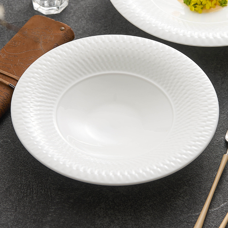 Đĩa mì ống gốm sứ Đĩa súp Bộ đồ ăn khách sạn Đĩa sáng tạo bằng sứ trắng cao cấp Bộ đồ ăn gia dụng Đĩa tròn Bát súp Đĩa ăn tối