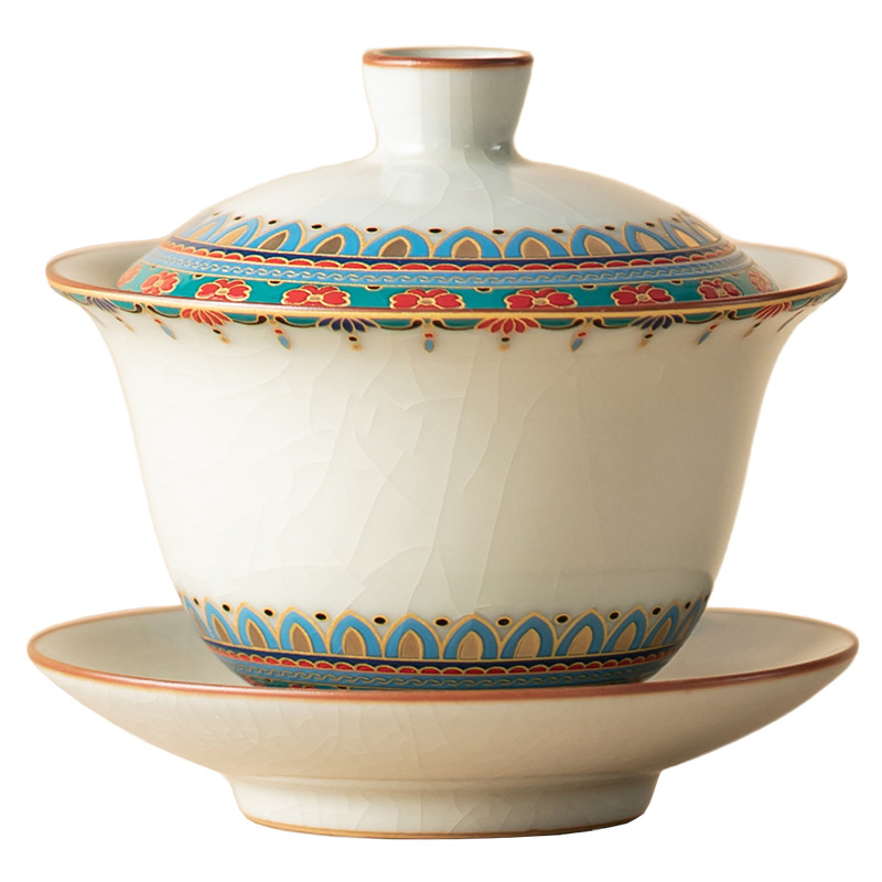 Ruyao Đôn Hoàng Baoxianghua Chén trà Ba tài có nắp, gốm sứ có thể cất giấu và nâng cao Bộ trà Kung Fu Bát trà có nắp