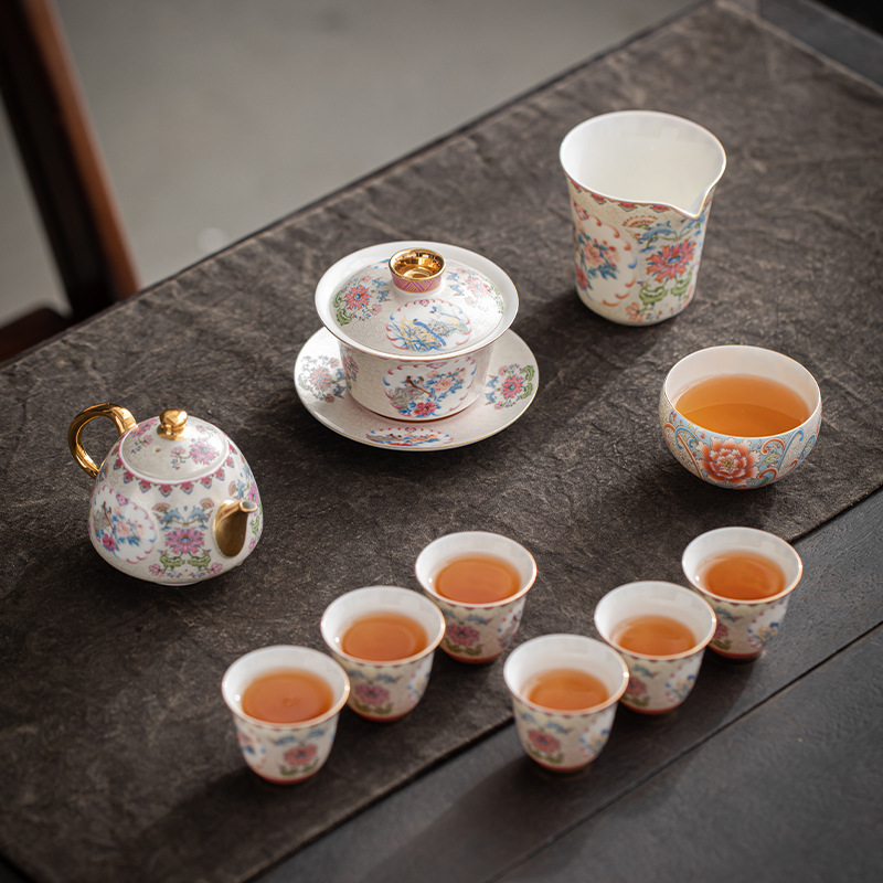 Bộ ấm trà Kung Fu bạc chạm khắc thủ công, bát pha trà màu men phong cách thủy triều quốc gia, bộ quà tặng trọn bộ