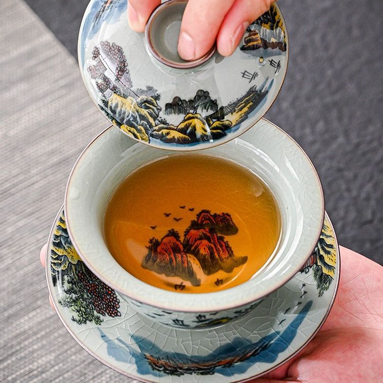 Bát có nắp màu xanh và trắng một chiếc bát tam tài Jingde cổ điển, bát trà lớn gốm sứ hình phong cảnh, dụng cụ pha trà gia dụng dung tích lớn