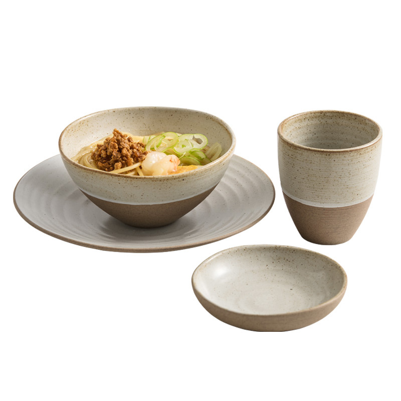 Bộ đồ ăn bằng gốm thô Bộ đồ ăn một người ăn tay kéo ren bát cơm gia dụng bát cơm bát cơm khách sạn bộ đồ bốn món