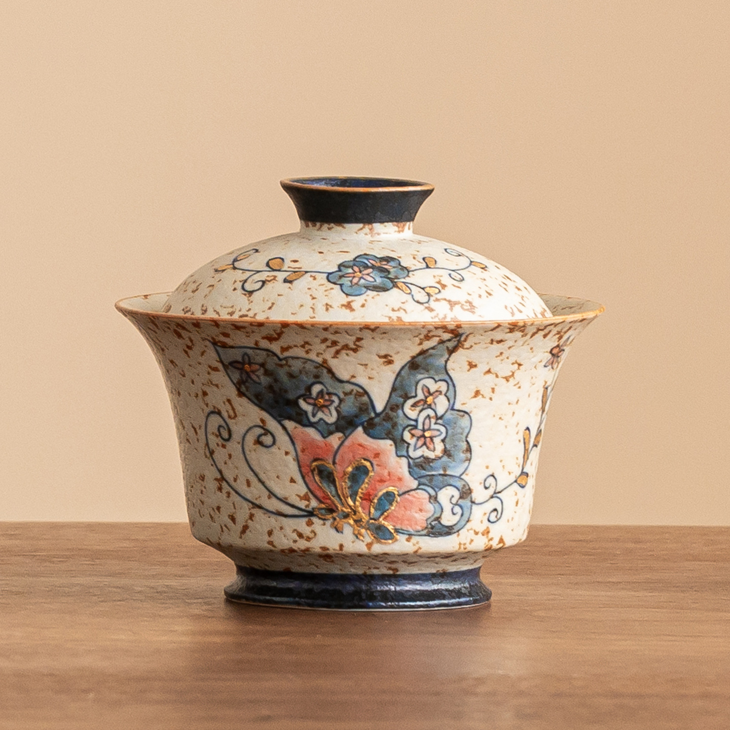 Bát có nắp bằng vàng sơn mài màu xanh và trắng, bát pha trà có nắp Jin'an, bộ trà gốm sứ hoa bướm vẽ tay, tách trà dung tích lớn