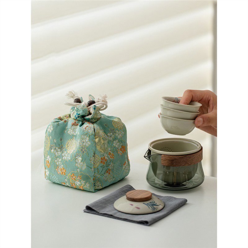 Vẽ tay hoa tử đằng, thực vật, màu xám, cốc khách nhanh, bộ trà du lịch gốm sứ, bộ trà di động ngoài trời, một bình ba cốc