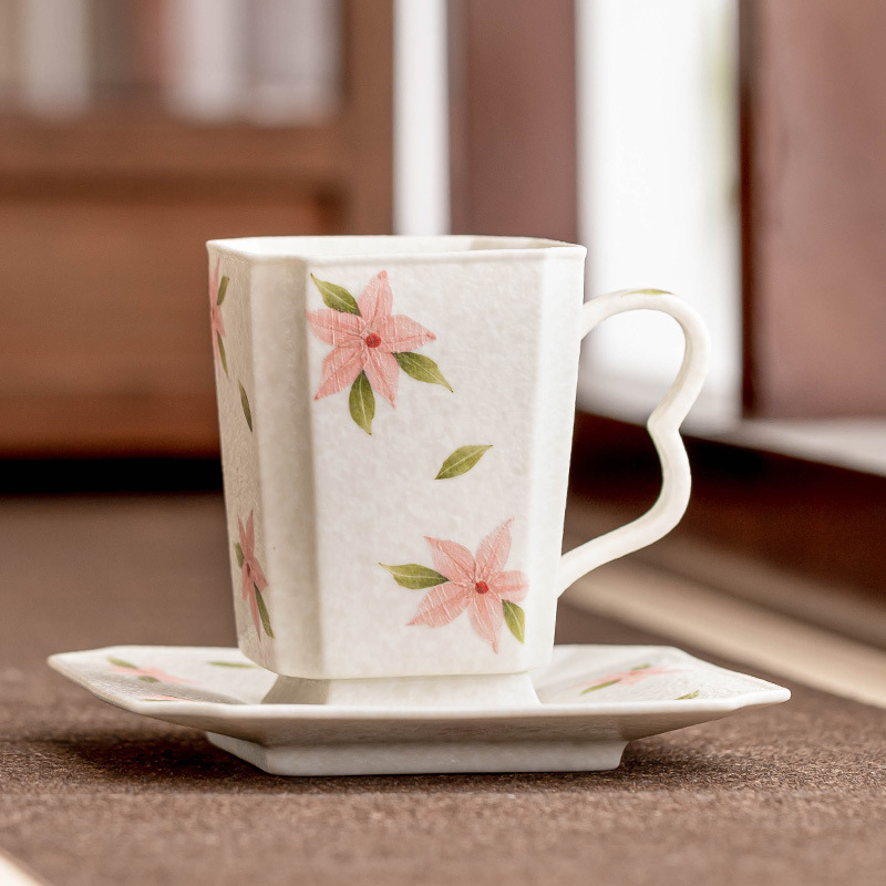 Cốc cà phê vuông hoa anh đào trắng đá cốc gốm cốc uống nước gia dụng tinh tế bộ cốc cà phê vẽ tay chống bỏng