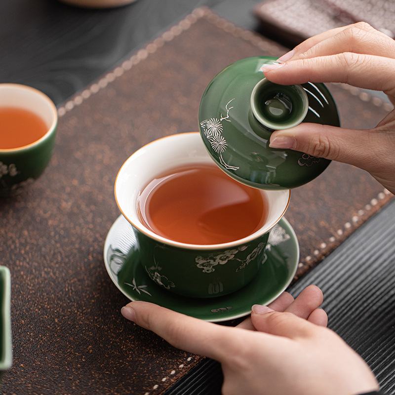 Màu xanh lá cây hương thơm tối ô rộng ba chỉ bát có nắp gốm sứ cốc trà lớn bát trà