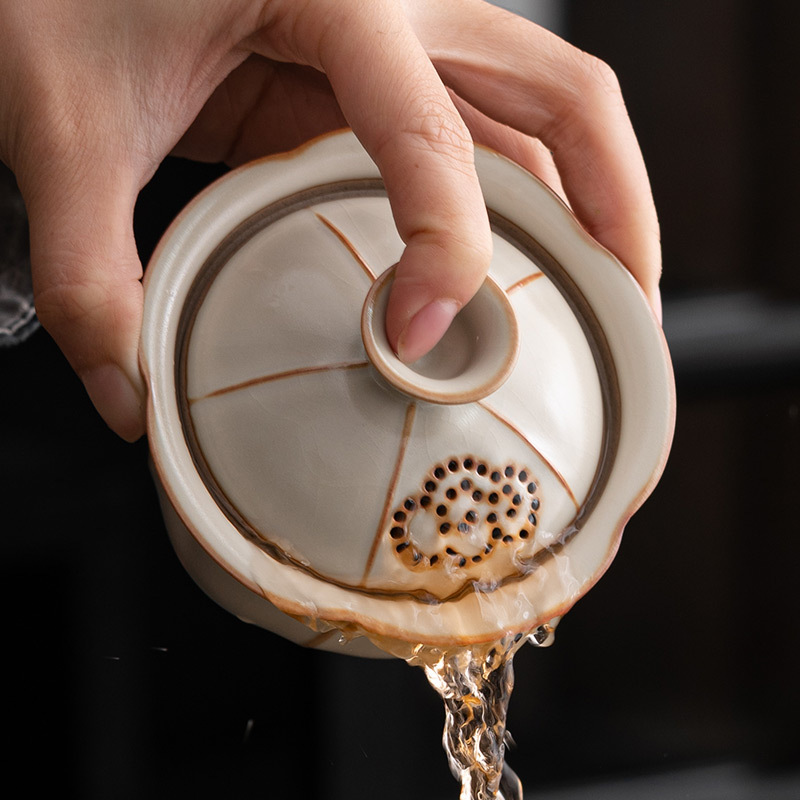 Cốc trà Bát có nắp lò Ru màu vàng cốc trà Bát pha trà cao cấp Kung Fu Đơn Gia dụng bát có nắp Ba tài dụng cụ trà cốc công bằng