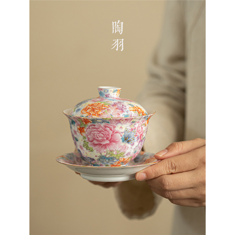 Bát trà tam tài tráng men phong cách Trung Quốc bát trà gốm sứ bộ trà kungfu bát trà đơn gia dụng cao cấp