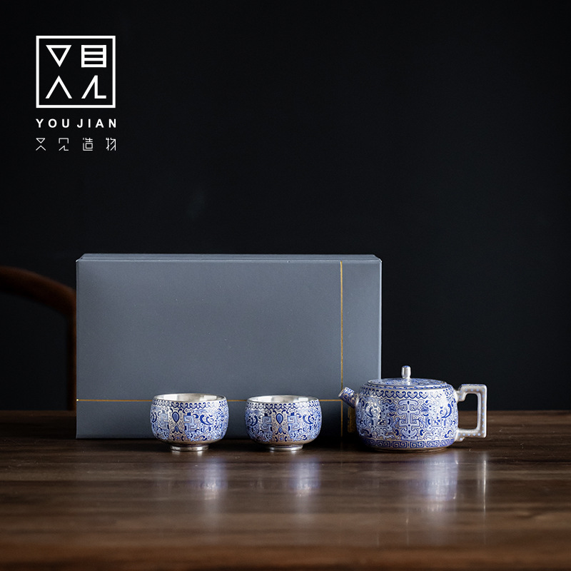 Bộ ấm trà Kung Fu mạ bạc Zheng Liqing, ấm trà bạc phong cách Trung Quốc cổ điển sáng tạo cao cấp, tách trà