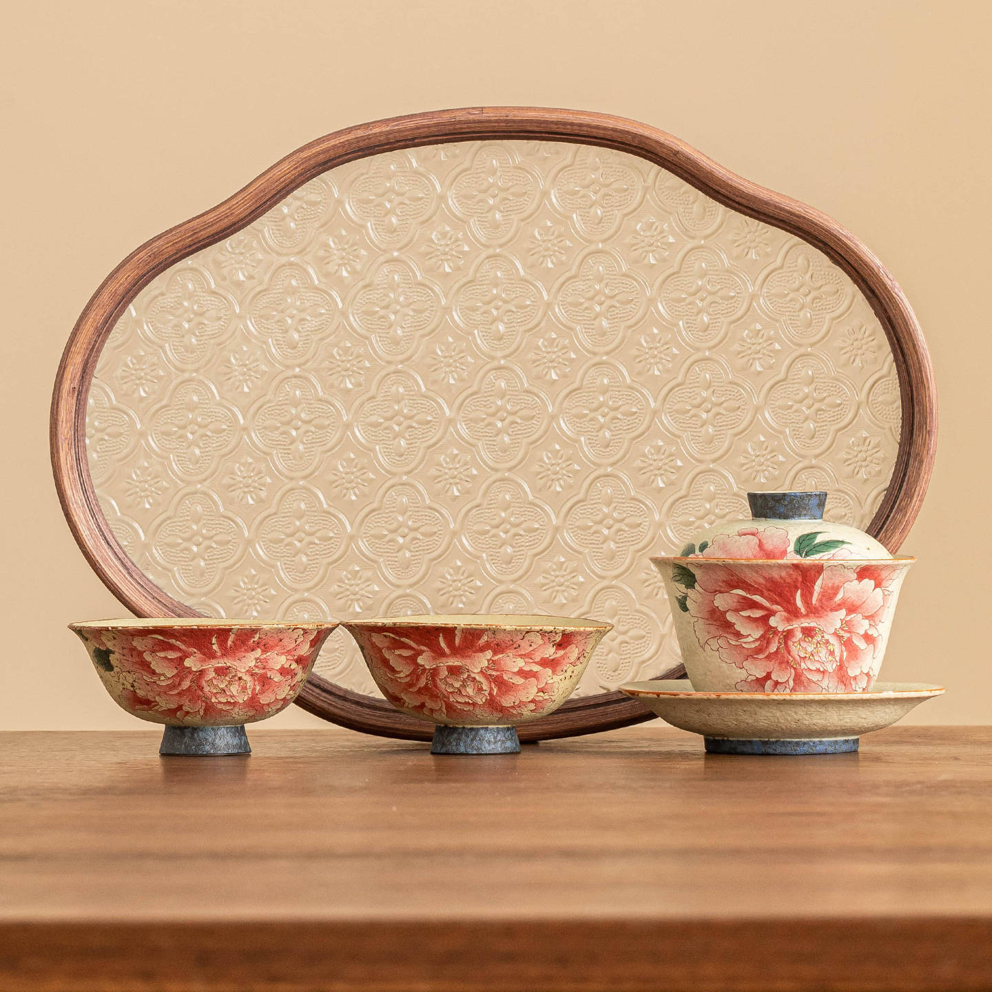 Bộ trà gốm sứ đỏ đá lửa trắng xanh có nắp bát du lịch ngoài trời bộ nhỏ túi đựng đồ xách tay quốc triều cốc khách nhanh