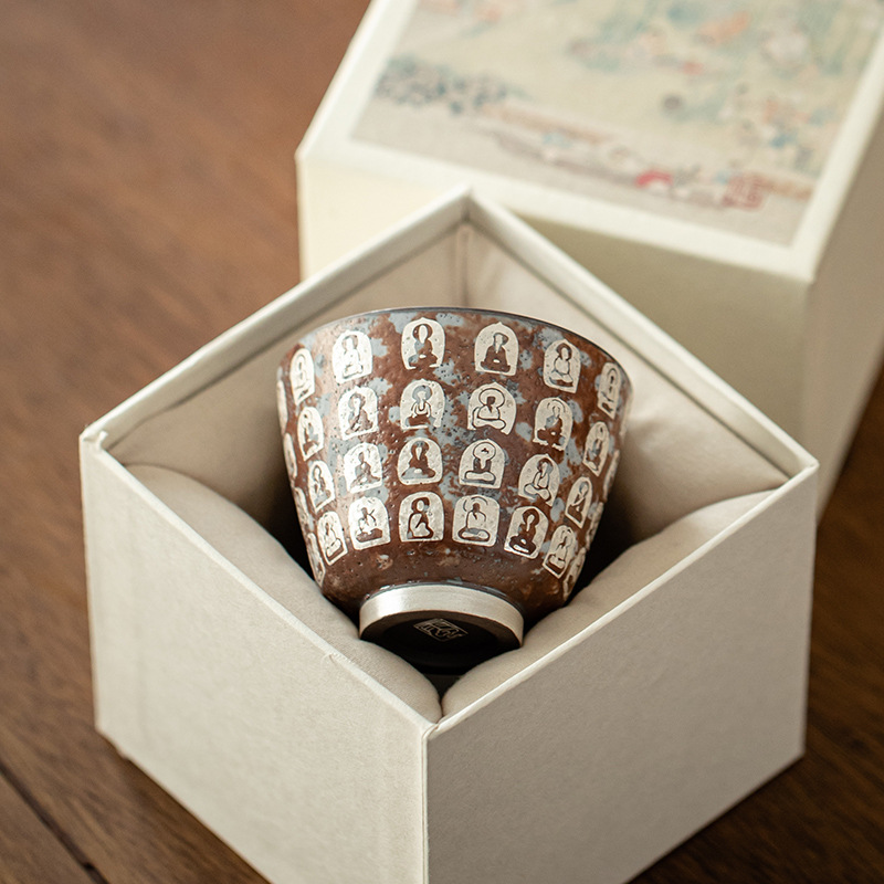 Cốc trà gốm sứ cổ điển Cốc trầm hương mạ bạc Đôn Hoàng Vạn Phật Cốc chủ nhân Cốc trà đơn Cốc trà nhỏ cổ điển