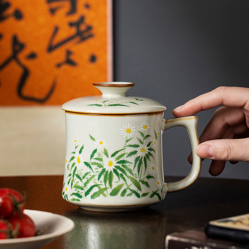 Cốc pha trà gốm hoa cúc nhỏ Ru Kiln cốc uống trà dung tích lớn cốc chuyên dụng cá nhân văn phòng gia dụng