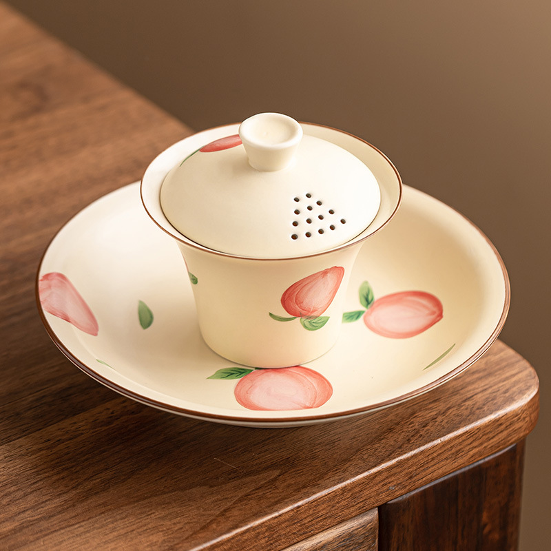 Fan Yin vẽ tay đào móng ngựa nắp bát trà cốc trà giá trị cao bộ trà nữ bát trà gốm sứ có nắp lớn tam tài