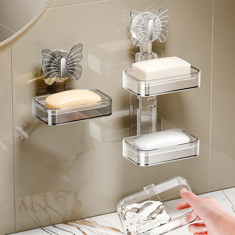 Khay hút hộp đựng xà phòng treo tường không đục lỗ gia dụng cao cấp hộp đựng xà phòng hai lớp giá để ráo nước trên tường