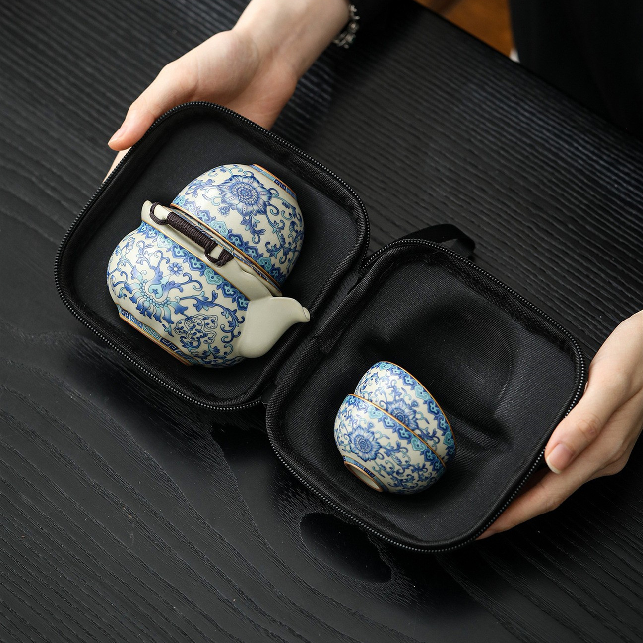 Bộ ấm chén du lịch Kung Fu Ru Kiln xanh trắng, một ấm ba chén, kiểu dáng dã ngoại tiện dụng, ấm trà di động