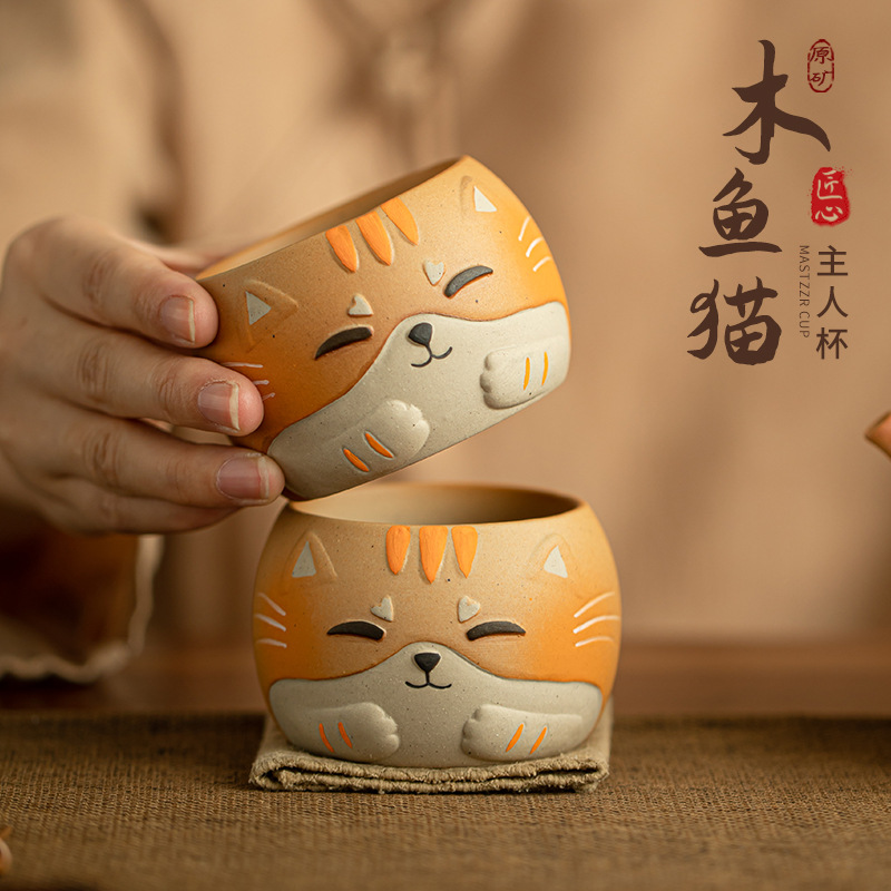 Cốc chủ nhân mèo cá gỗ vẽ tay hoạt hình bộ tách trà dụng cụ trà kungfu gia dụng