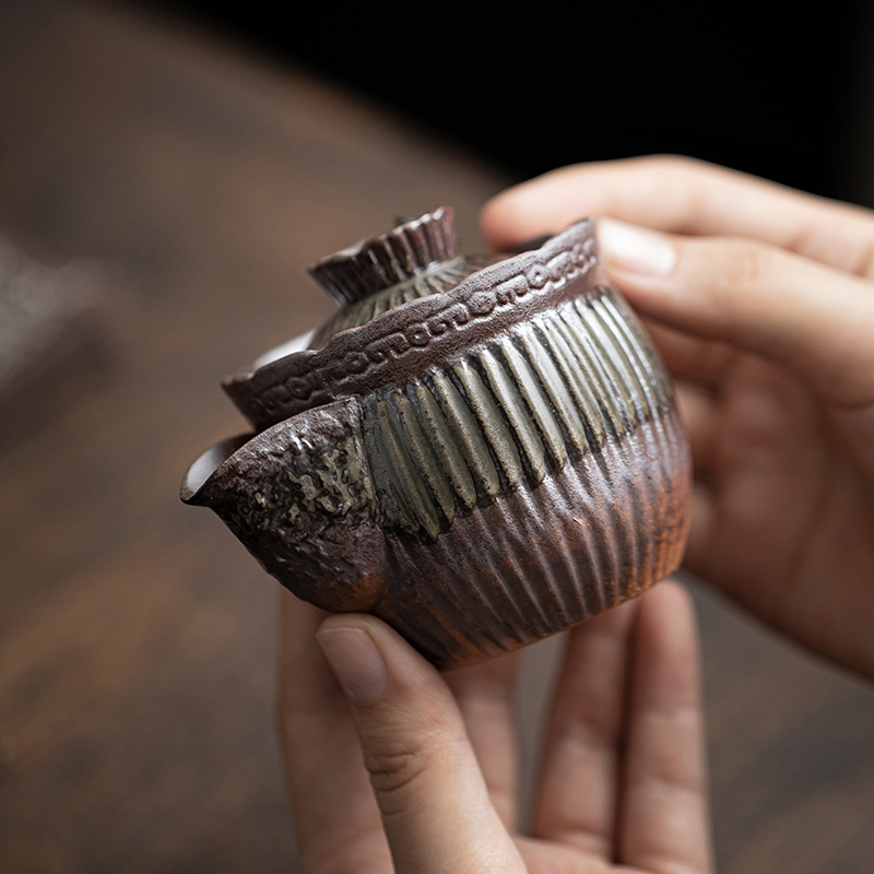 Ấm cầm tay kẻ sọc bùn đá cũ ấm trà gốm sứ thủ công cổ điển ấm trà công phu ấm đơn gia dụng nhỏ không nóng