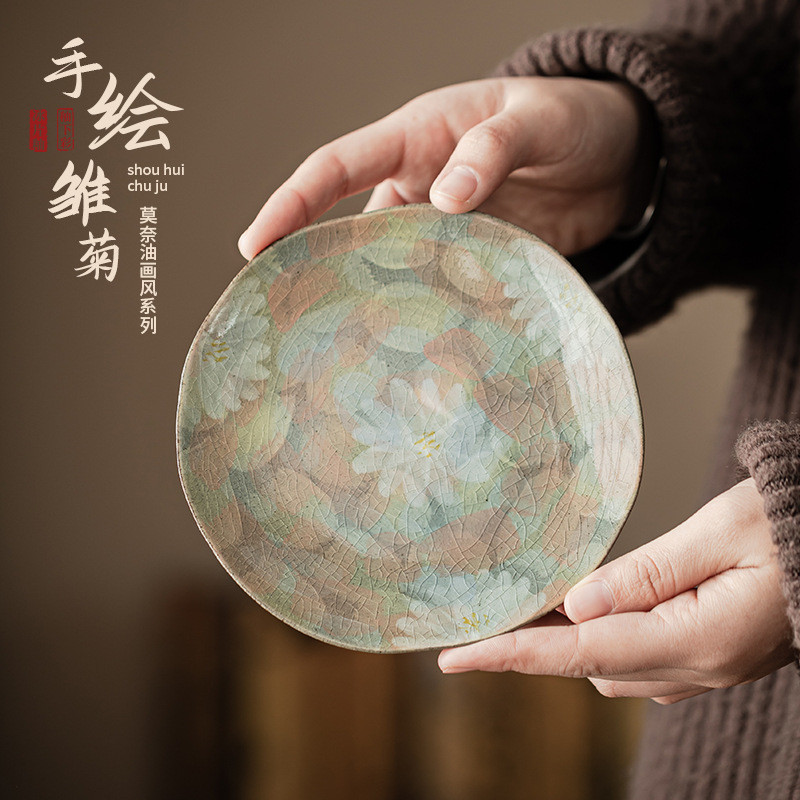 Ấm trà hoa cúc vẽ tay tráng men borneol, lót ấm gốm phong cách sơn dầu Monet, lót cốc, phụ kiện bộ trà Kung Fu