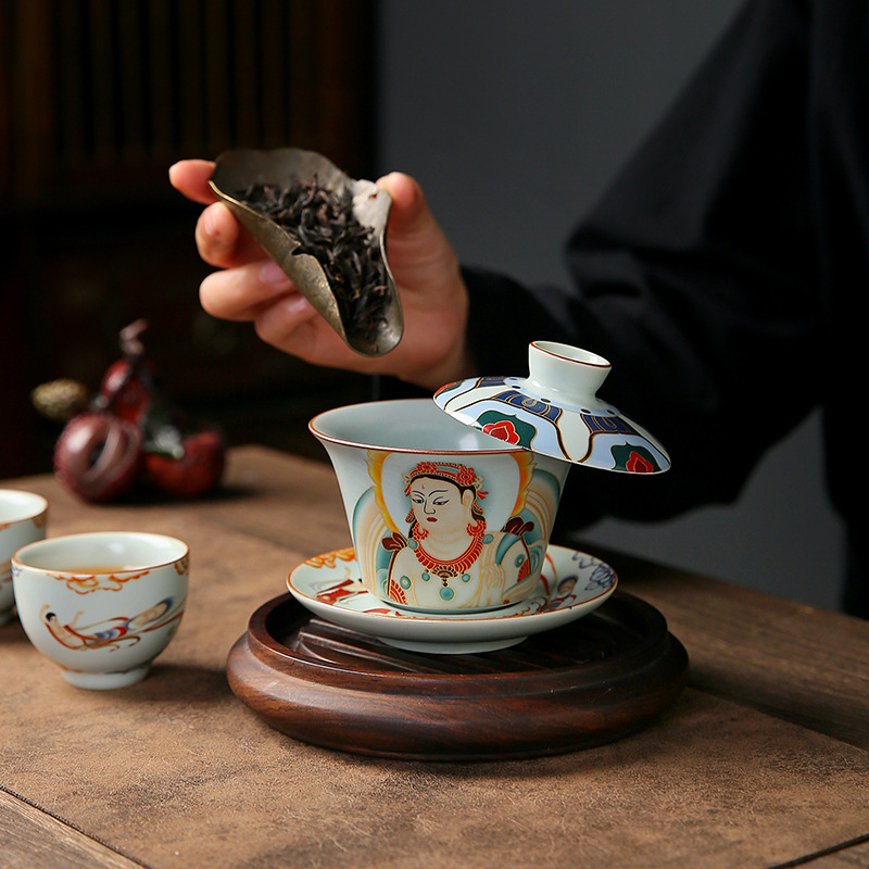 Ru Kiln Đôn Hoàng treo Nắp bát gốm sứ Tam Tài Bát trà gia dụng Bát trà cốc trà quà tặng cao cấp Bộ trà Kung Fu