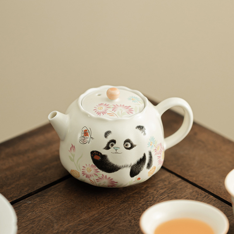 Gấu trúc chơi bướm miệng ấm trà gốm sứ dễ thương kiểu Trung Quốc vàng Dingyao ấm trà công phu bộ trà lọc ấm trà đơn