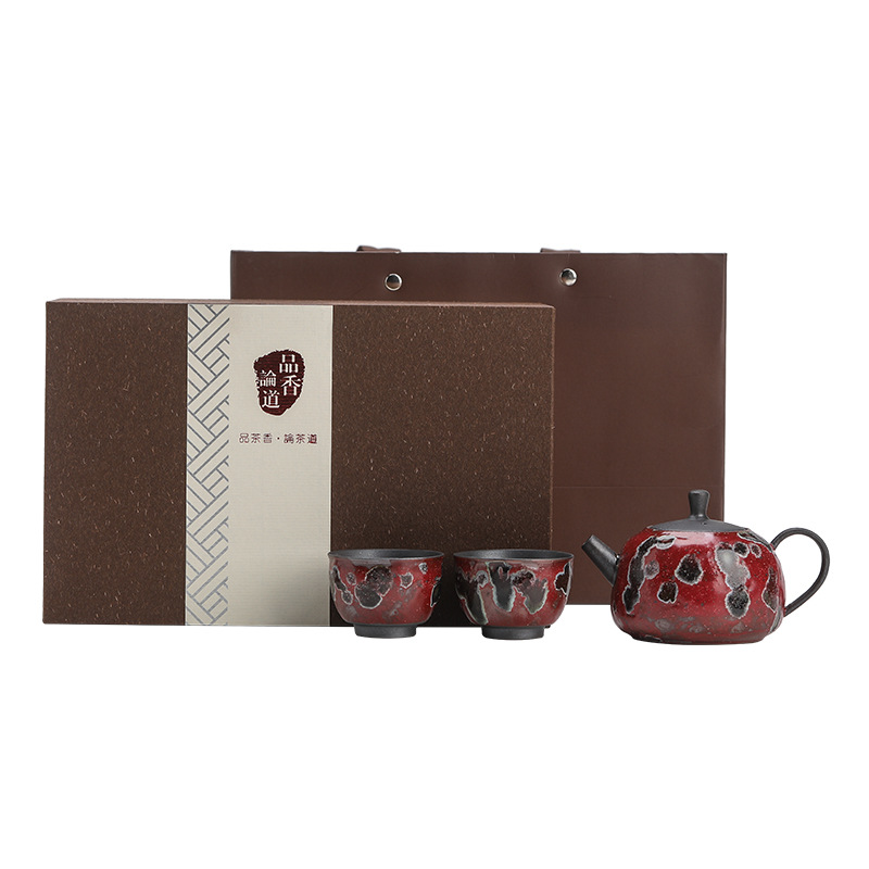 Một ấm hai cốc men đỏ Nezha, bộ ấm trà gốm sứ, bộ nhỏ, bộ trà văn phòng gia đình cổ điển, hộp quà