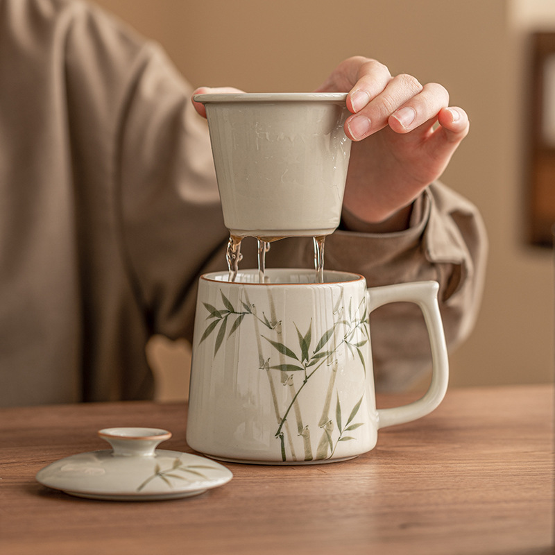 Cốc gốm sứ bằng tre xanh ngọc bích vẽ tay Cốc văn phòng tách trà có nắp cốc uống trà cao cấp LOGO cá nhân