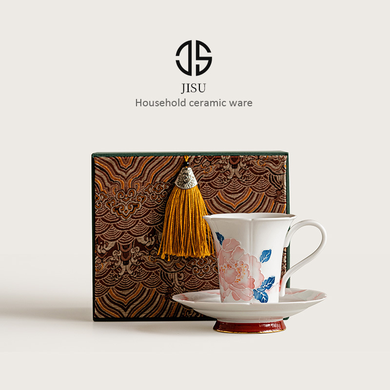 Bộ cốc và đĩa cà phê hoa mẫu đơn vẽ tay cho nữ cao cấp tinh tế cốc gốm sứ giá trị cao cốc nước