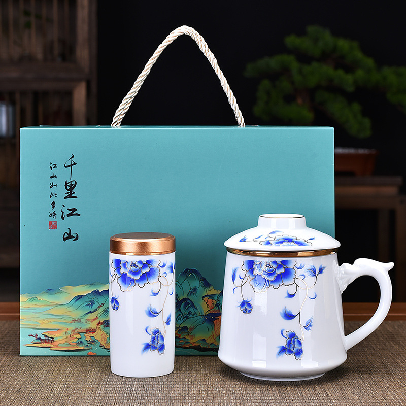 Cốc gốm sứ có nắp lọc pha trà cốc nước văn phòng sáng tạo bộ ba món quà bất động sản cho khách hàng