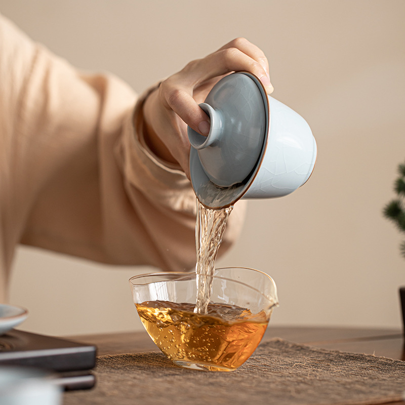 Bộ ấm chén gaiwan ba món Ruyao Kiln, chất liệu gốm sứ gia dụng, cỡ lớn, có men nứt tạo hiệu ứng chỉ vàng.