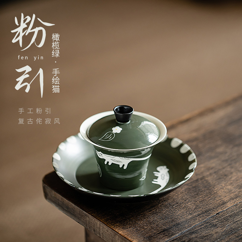 Màu Xanh Ô Liu màu hồng vẽ tay Bát trà nắp Ba tài năng cốc trà Bát trà đơn giản đồ dùng gia dụng Gốm Sứ Cổ Điển Kung Fu